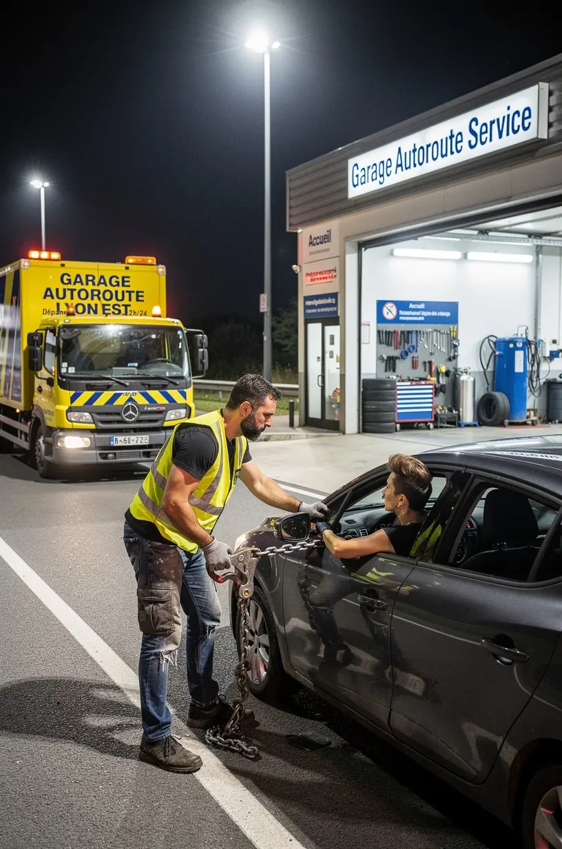 Technicien effectuant un diagnostic électronique sur une voiture dans un garage d’assistance routière.